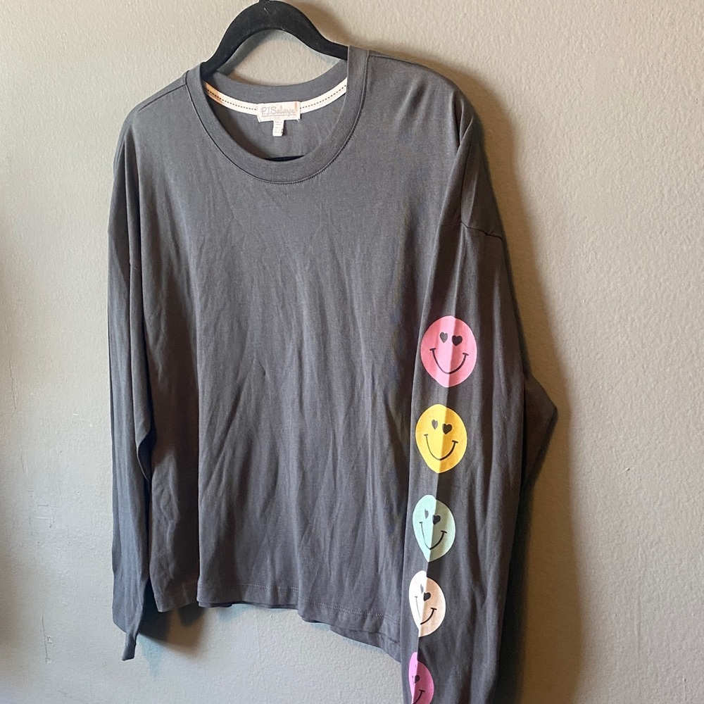 NWT Grey Long Sleeve Tee with Colorful Smiley Sleeve Cotton/Modal - Picture 5 of 10